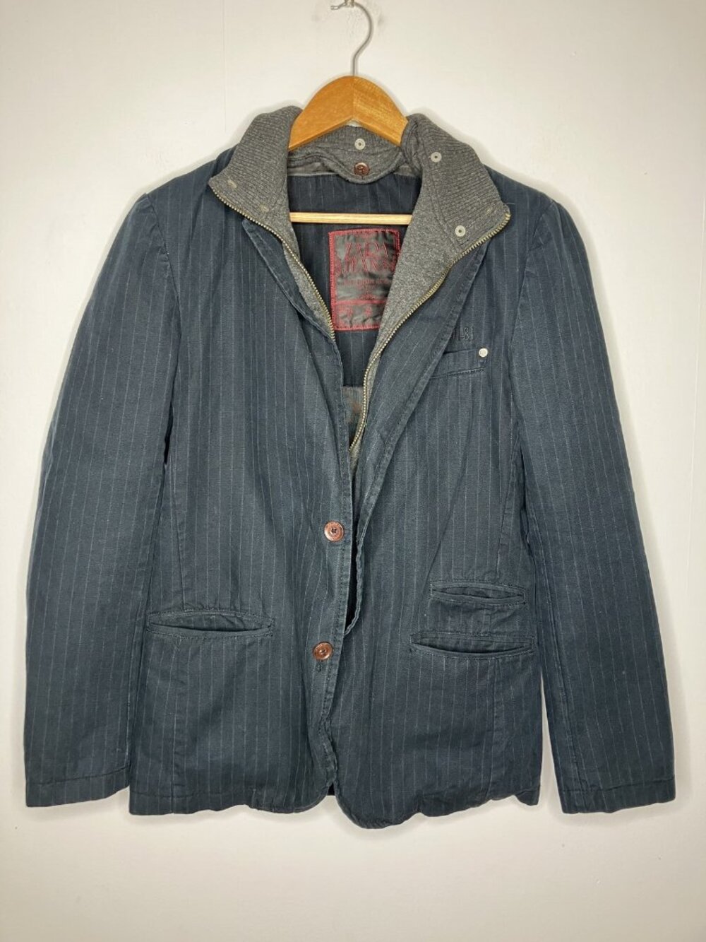 Zara Jeans Men's Pinstripe Jacket Blazer Navy Blue Gray Ribbed Collar Size M